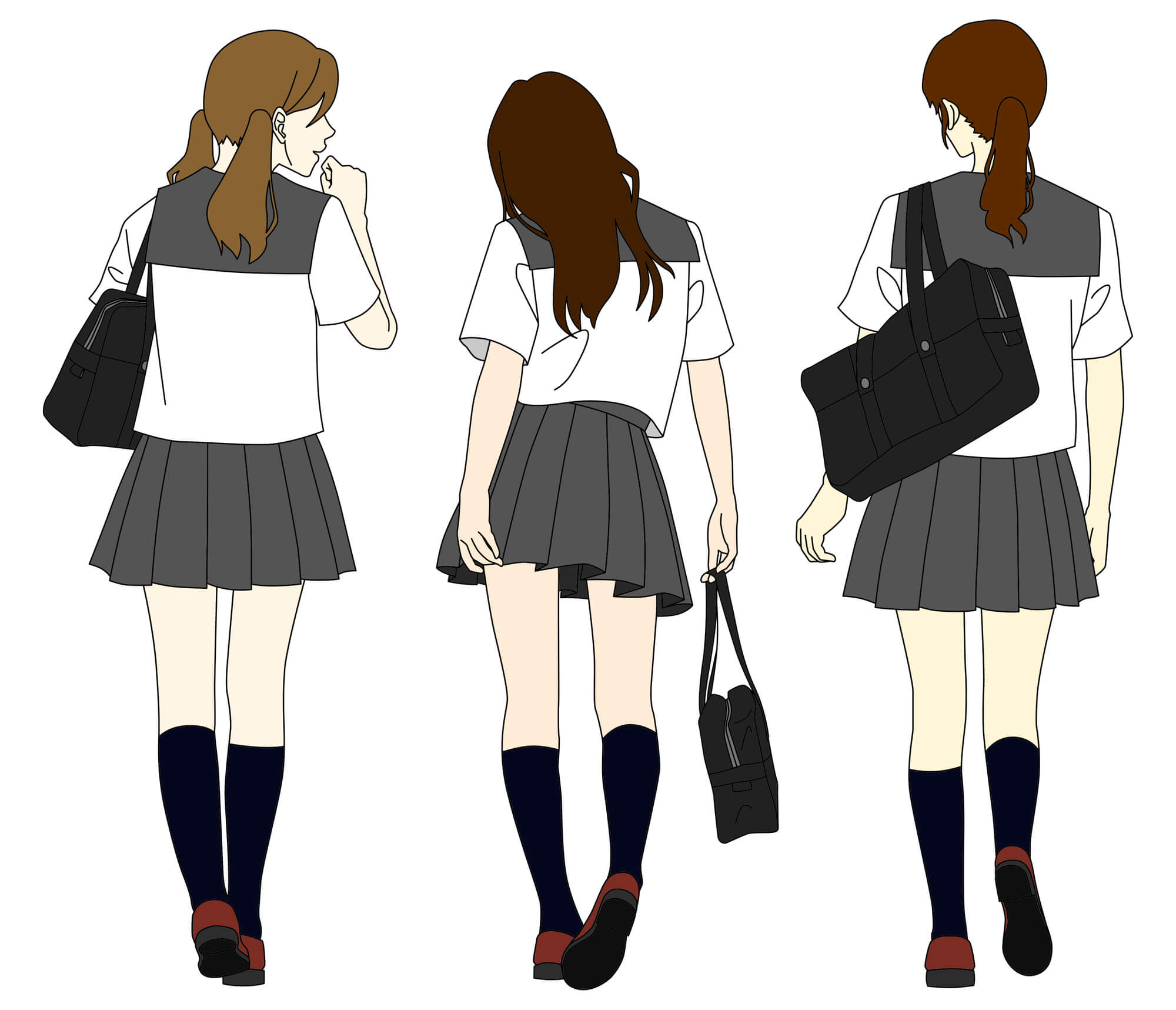 医療脱毛は何歳からできる?おすすめの開始時期とメリットデメリット 13 セーラー服姿で後ろ向きに並ぶ3人の女子高校生のイラスト