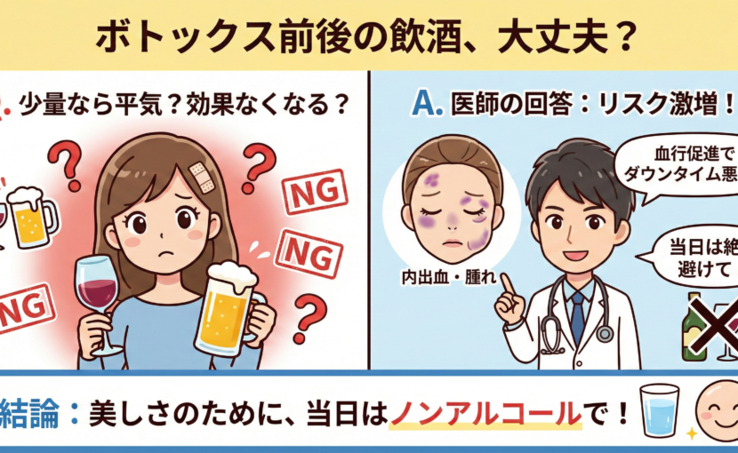 ボトックス前後飲酒しても大丈夫？どうなる？ダメな理由は？少量でも効果なくなる？何日だめ？