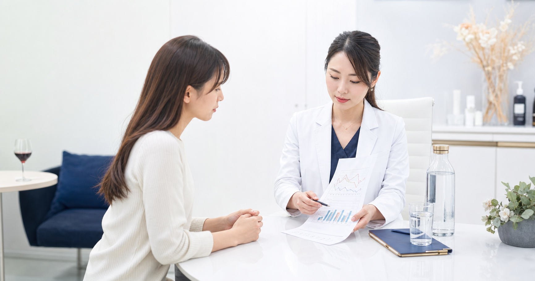 イソトレチノイン服用中の飲酒と血液検査を医師に相談する女性