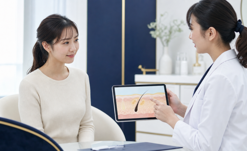 イソトレチノインの効果はいつから?ニキビ・皮脂・毛穴への作用と限界 13 イソトレチノインのニキビ・皮脂・毛穴への効果を医師に相談する女性