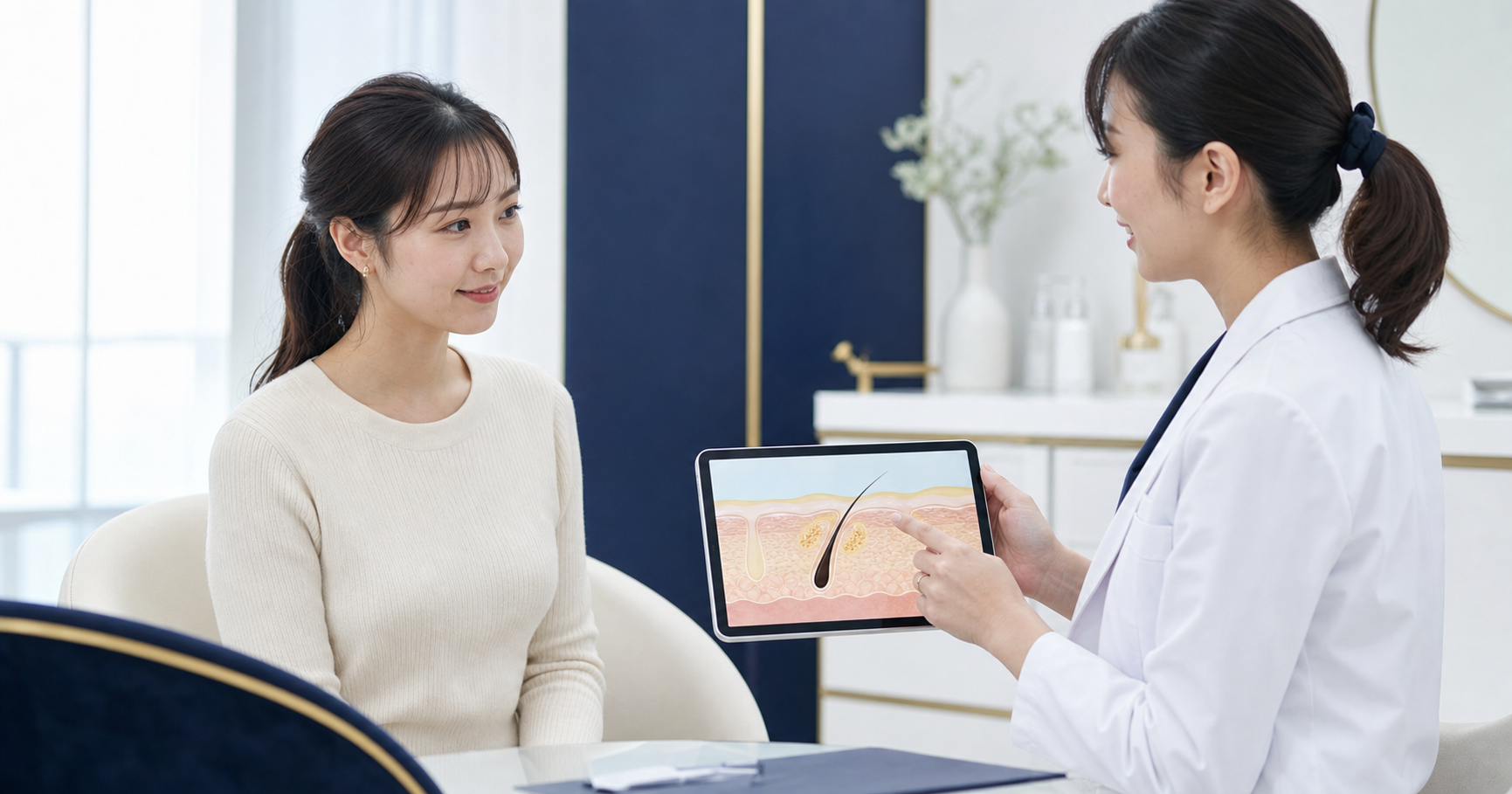 イソトレチノインのニキビ・皮脂・毛穴への効果を医師に相談する女性
