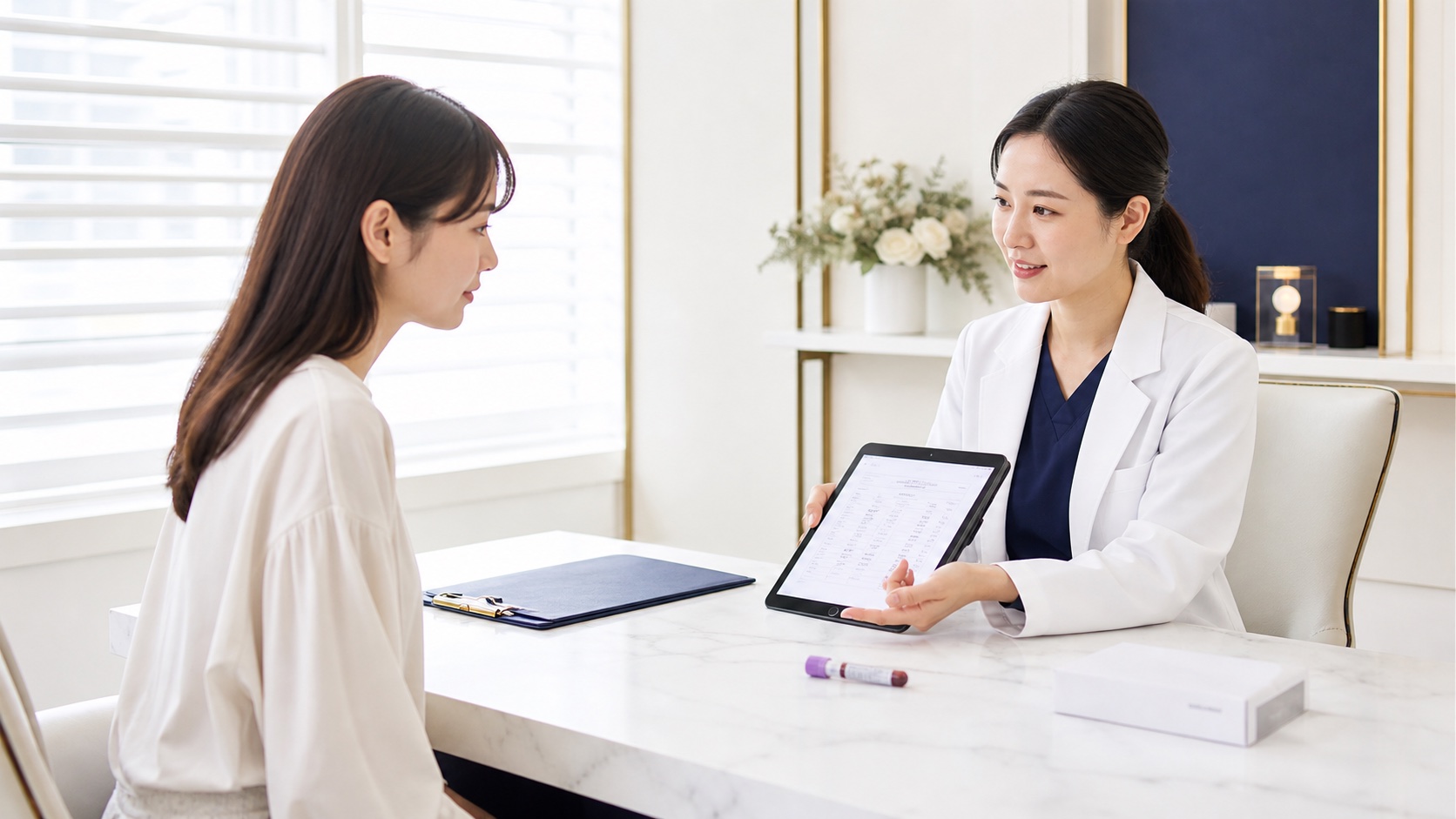 イソトレチノインのオンライン処方は2回目から|個人輸入・通販・安い料金も解説 1 イソトレチノイン初回診察で血液検査結果を確認する医師と患者
