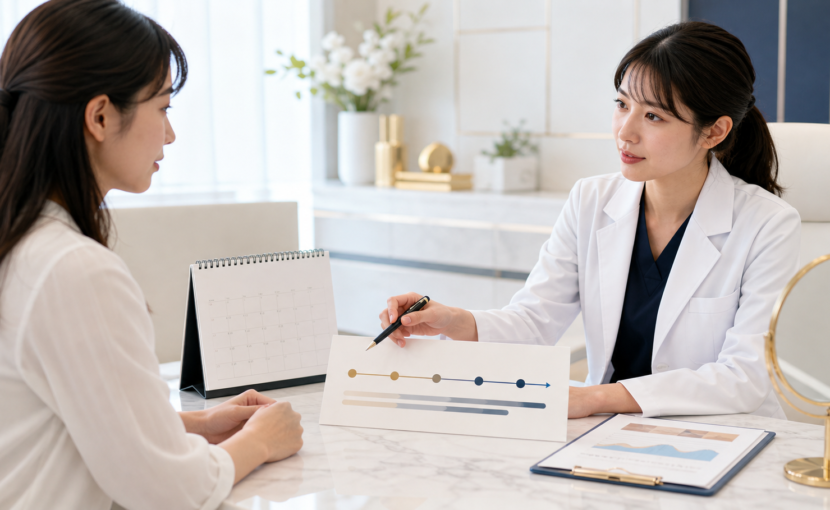 イソトレチノインの服用期間は何ヶ月?積算量と長期服用・1年以上の考え方 19 イソトレチノインの服用期間と積算量を医師に相談する女性