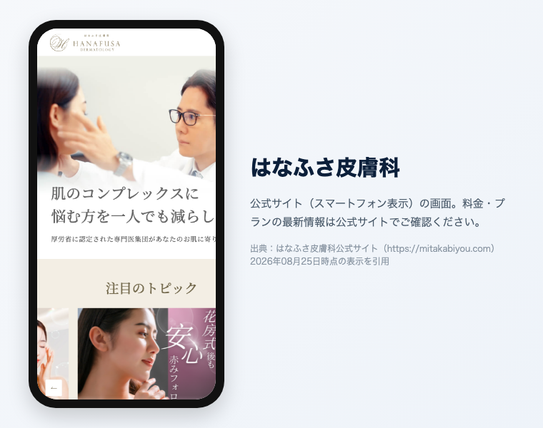 はなふさ皮膚科の公式サイト（スマートフォン表示）の画面。出典：はなふさ皮膚科公式サイト