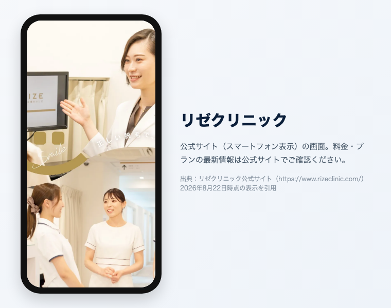 リゼクリニックの公式サイト（スマートフォン表示）の画面。出典：リゼクリニック公式サイト