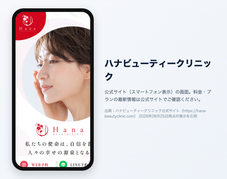 ハナビューティークリニックの公式サイト（スマートフォン表示）の画面。出典：ハナビューティークリニック公式サイト
