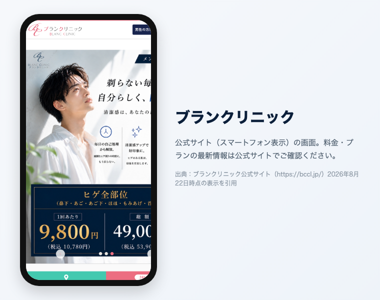 ブランクリニックの公式サイト（スマートフォン表示）の画面。出典：ブランクリニック公式サイト、2026年8月22日時点の表示を引用