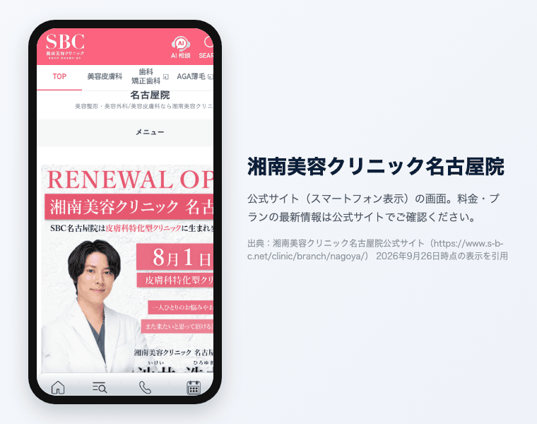 湘南美容クリニック名古屋院 公式サイト（スマートフォン表示）の画面