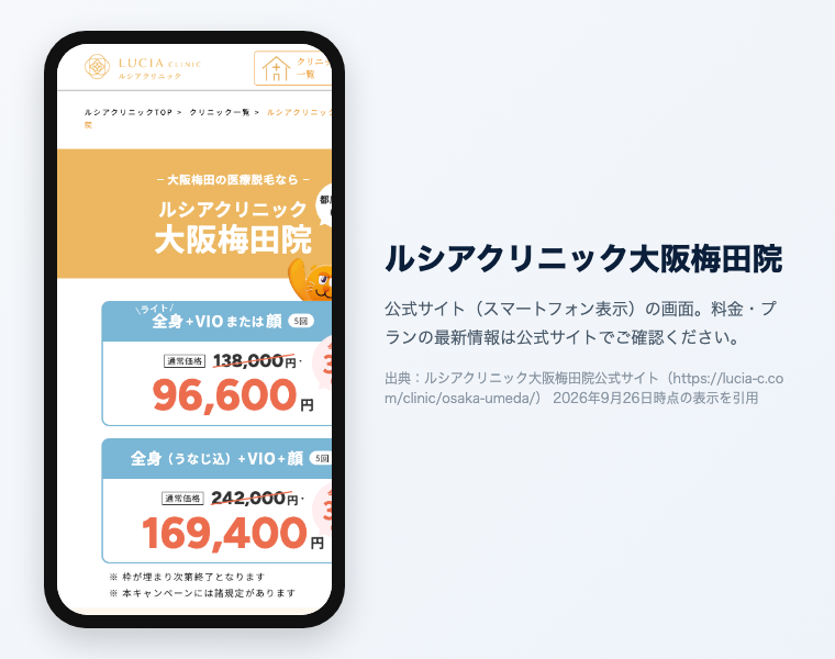 ルシアクリニック大阪梅田院 公式サイト（スマートフォン表示）の画面