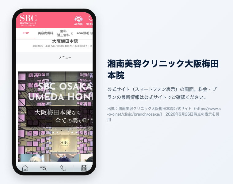 湘南美容クリニック大阪梅田本院 公式サイト（スマートフォン表示）の画面