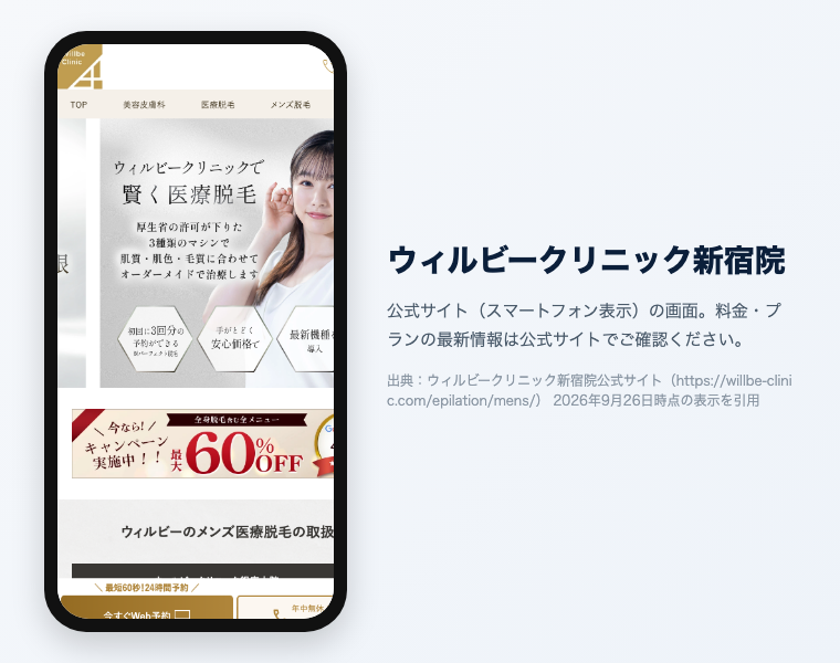 新宿のメンズ医療脱毛おすすめ12選|2026年最新 22 ウィルビークリニック新宿院 公式サイト(スマートフォン表示)の画面