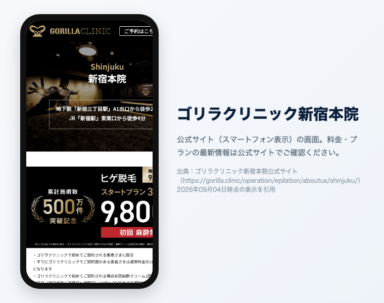 新宿のメンズ医療脱毛おすすめ12選|2026年最新 8 ゴリラクリニック新宿本院の公式サイト(スマートフォン表示)の画面。出典:ゴリラクリニック新宿本院公式サイト