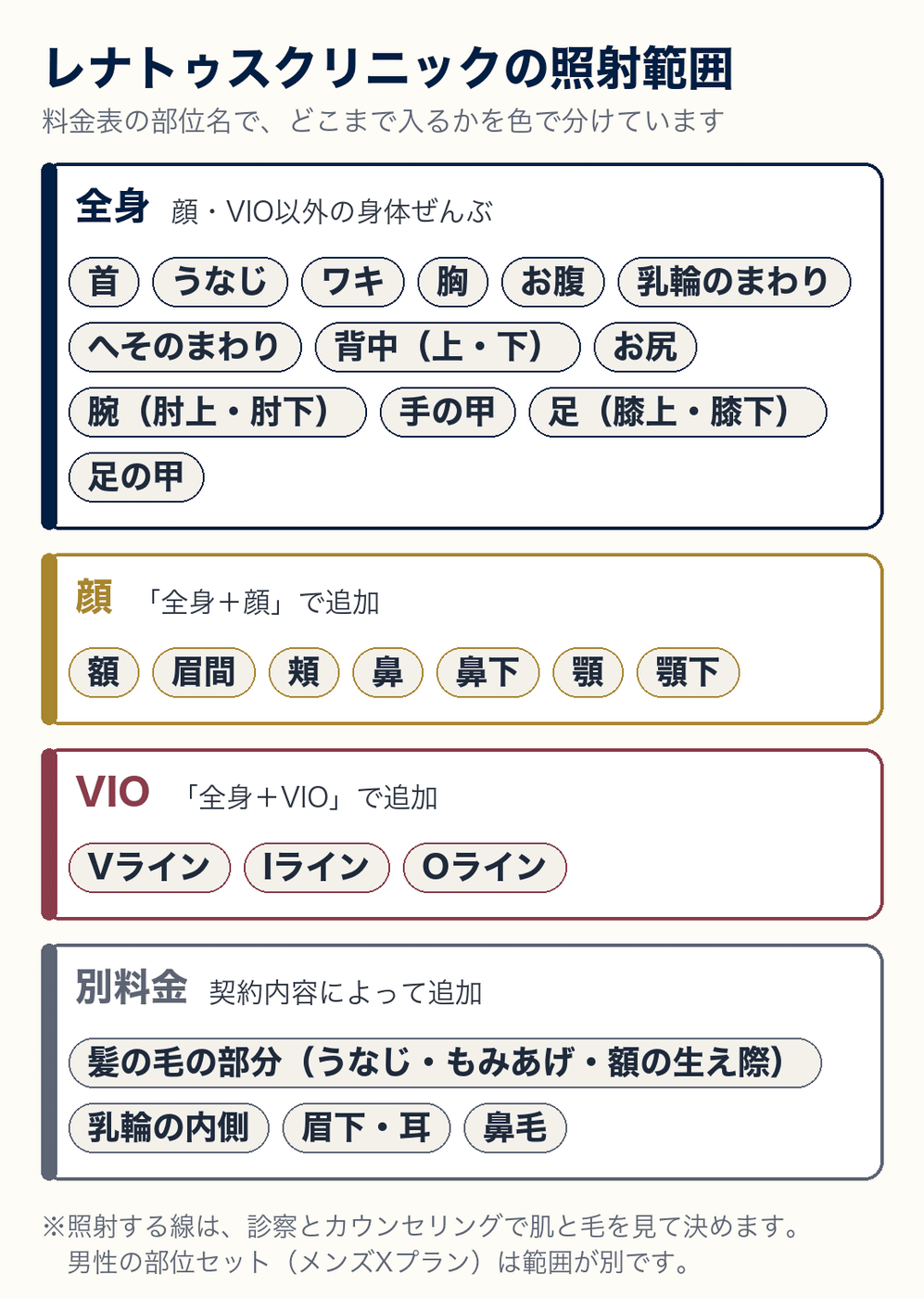 医療脱毛の照射範囲の図（全身・顔・VIO・別料金の部位）